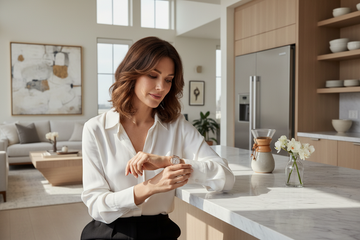 تصویر اسلایدشو - خانم با ساعت و پس‌زمینه وسایل خانه