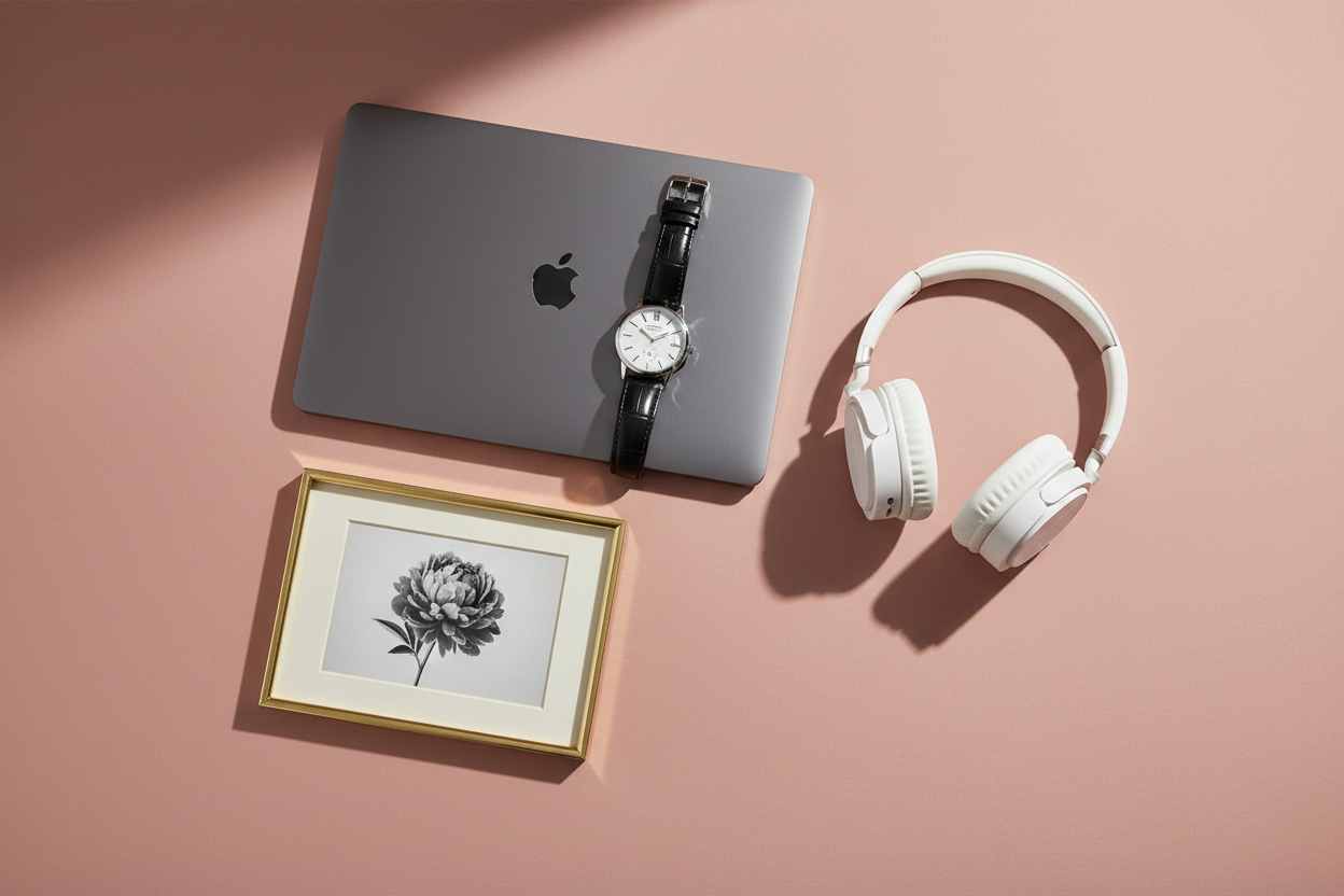 تصویر نزدیک - ساعت، لپ‌تاپ، هدفون و عکس گلshop_this_look_AVdw3f